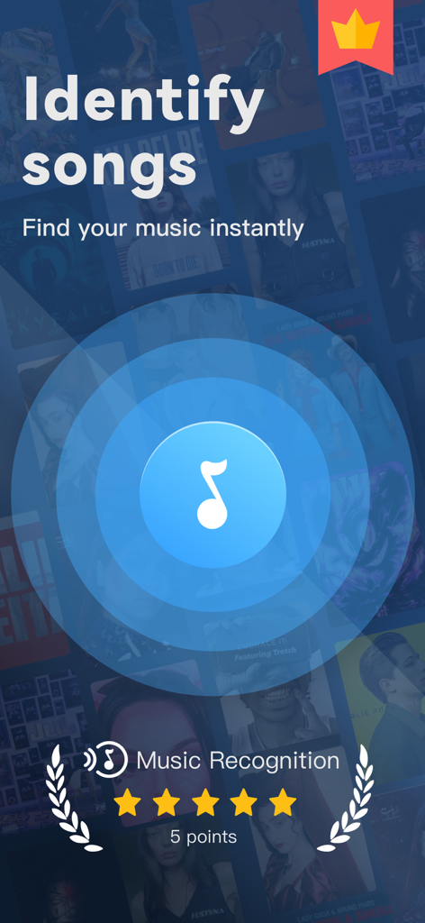 Music Recognition- Song Finder - Interface of the Music Recognition app displaying a large song identification button and five-star rating