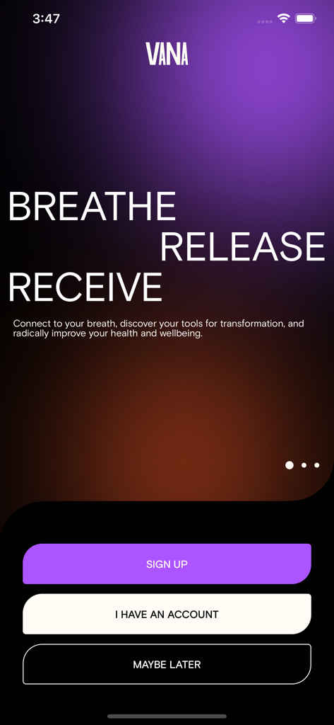 VANA - VANAアプリのオンボーディング画面。テキスト「breathe release receive」とサインアップボタンが表示されています