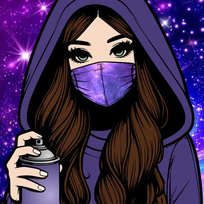 girl wearing a mask with long hair with her hood up spray-painting realistic