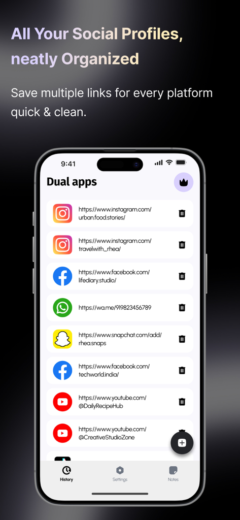 Parallel Space 2026 - Panel de la aplicación Parallel Space 2026 que muestra una lista de cuentas de redes sociales clonadas como Instagram y Facebook