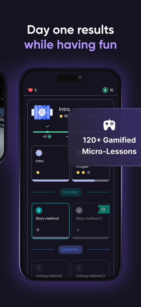Screenshot der memoryOS-App, die eine gamifizierte Lektions-Roadmap mit Micro-Lektionen für das Gedächtnistraining wie die Geschichten- und Verknüpfungsmethode zeigt.