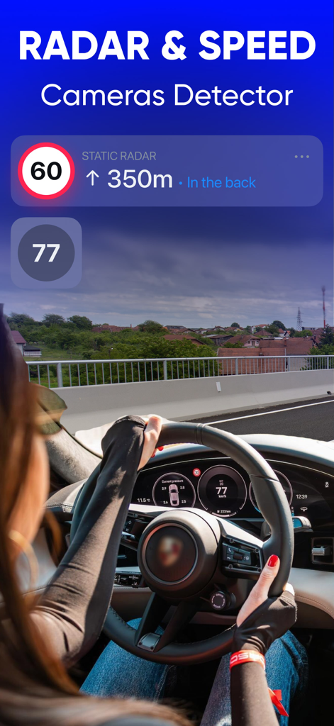 Radar Detector: Camera Tracker - Interface of Radar Detector app showing a static speed camera alert and current vehicle speed overlay on a driving scene.