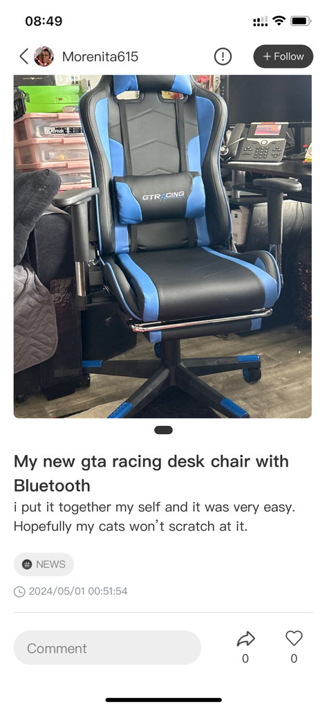 Lynck - A blue and black GTRACING gaming chair with Bluetooth speakers in a home office setup