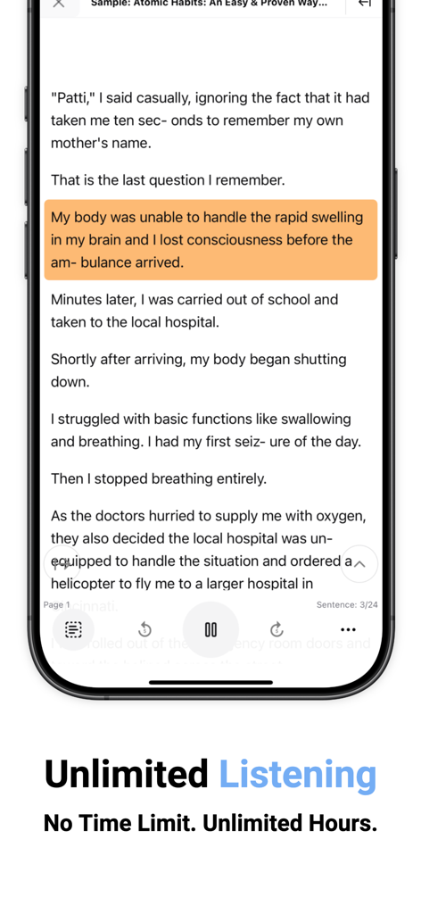 Tela de smartphone mostrando um livro Kindle com controles de reprodutor de áudio de texto para fala.