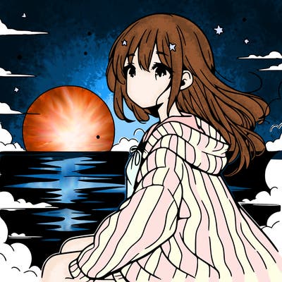 anime girl beside sun set