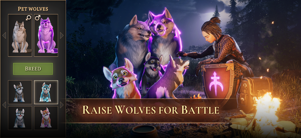 Una captura de pantalla del juego Grim Soul que muestra un menú para criar lobos de compañía y un personaje descansando con varios lobos junto a una fogata.