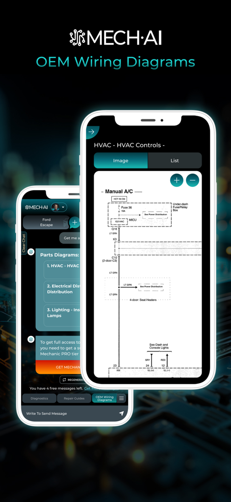 MECH.AI: Diagnostic & Repair - MECH.AI app interface displaying a detailed vehicle OEM wiring diagram for automotive electrical repair
