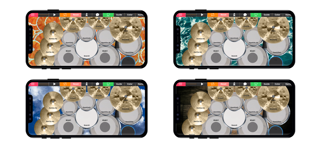Vier iPhone-Bildschirme, die verschiedene Hintergrund-Skins für die Drum Set Real Pad Machine HD App zeigen