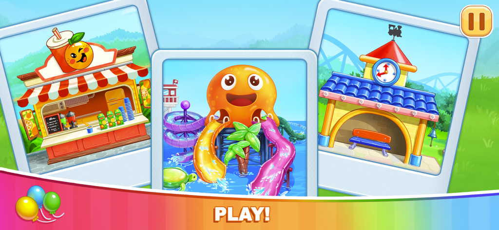 Main menu level selection screen showing a juice stand water slide and train station
