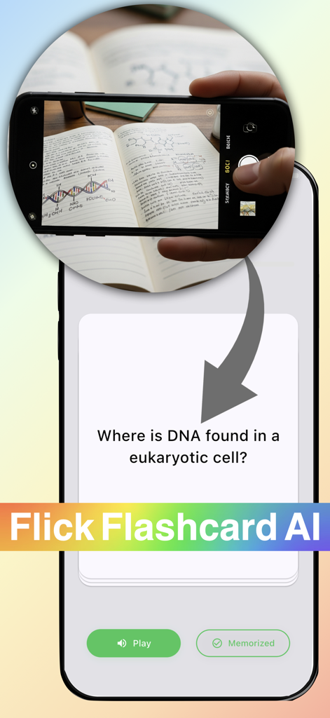Um smartphone usando o Flick Flashcard AI para transformar uma foto de anotações de biologia escritas à mão em um cartão de estudo digital