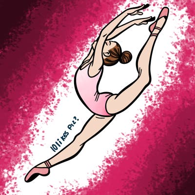 gymnast doing a leap in a leotard with a bent back leg
