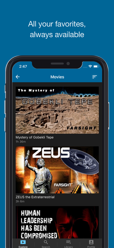 FARSIGHT TV - Interface de l'application mobile FARSIGHT TV affichant une bibliothèque de documentaires sur les mystères et les sciences alternatives