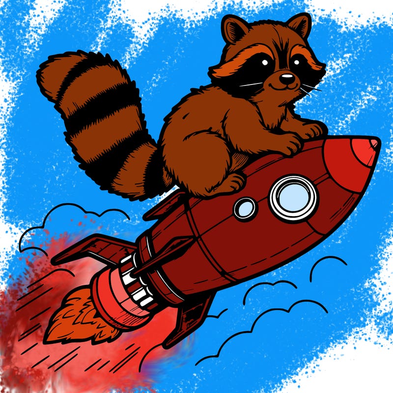 realistic raccoon flying on top rocket ship