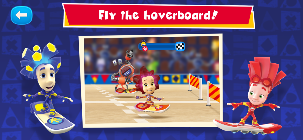 Fixies characters racing on hoverboards against a Crabot in a kids mini game