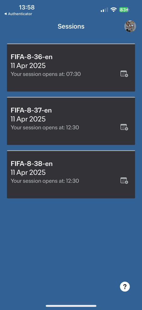 List of available exam sessions in the FIFA Football Agent Exam app showing dates and start times