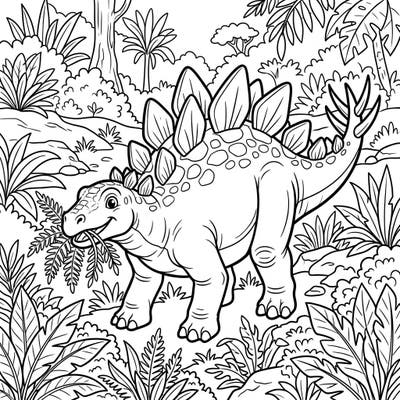 Bring this friendly Stegosaurus to life as it enjoys a leafy meal in its prehistoric habitat. This engaging coloring page is designed especially for kids aged 4-8, offering a delightful and educational activity.