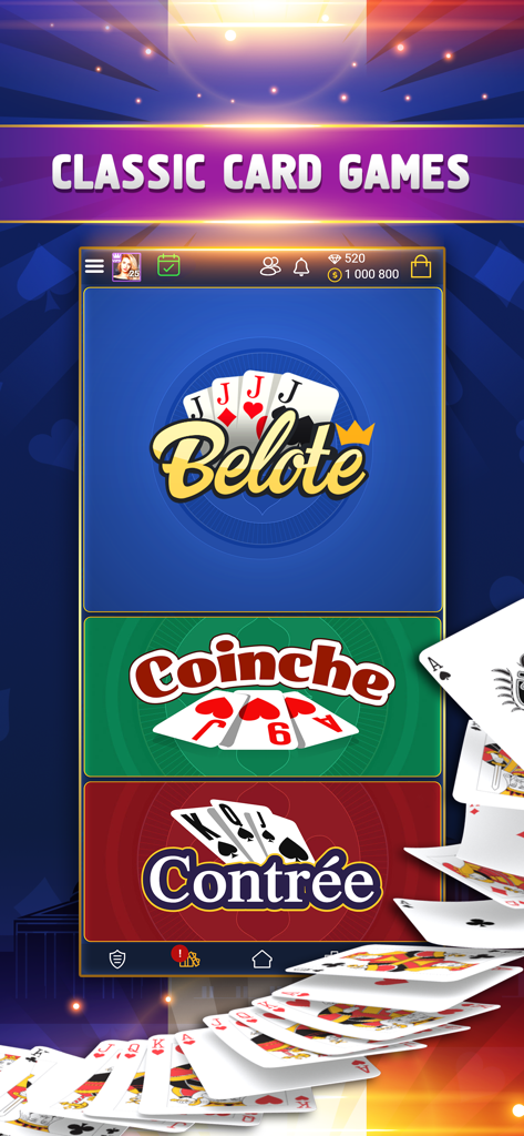 Menu principal de l'application VIP Belote montrant les options pour les jeux de cartes Belote, Coinche et Contrée