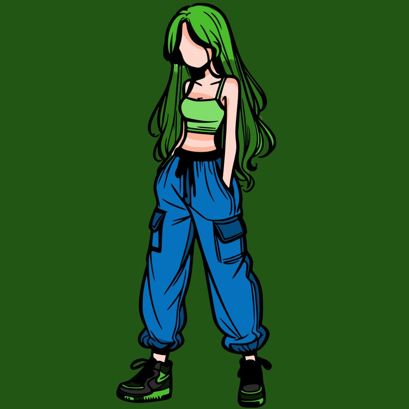 girl in baggy pants crop top and long hair