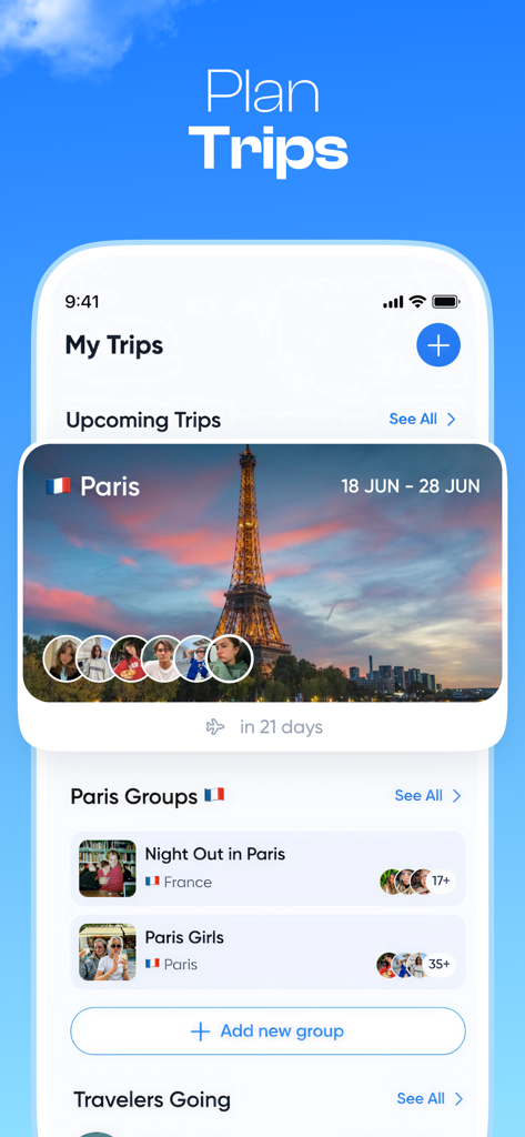 TripBFF - Solo Travel Friends - TripBFF App-Bildschirm, der Reiseplanung für Paris mit Gruppenchats für Alleinreisende zeigt.