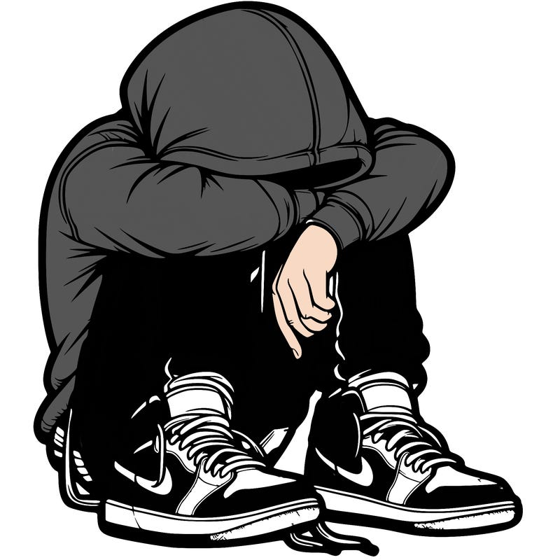 depressed man wearing hoodie and jordan shoes and baggy jeans