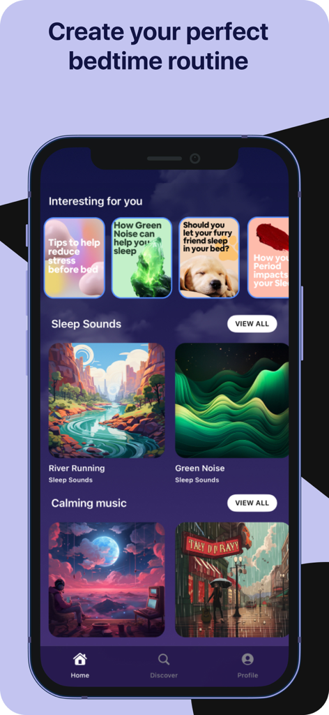 Yawn: Sleep Sounds, Audiobooks - Tela inicial do aplicativo Yawn mostrando categorias de sons para dormir, música calma e dicas de rotina para dormir