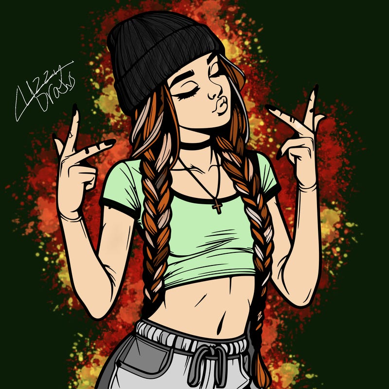 realistic teenage girl with braids and a beanie and crop top doing 🫶🏼