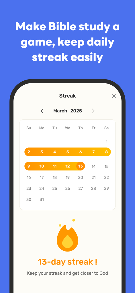 Manna: Daily Bible Study - Interfaz de la app Manna mostrando una racha de estudio bíblico de 13 días con vista de calendario e ícono de llama