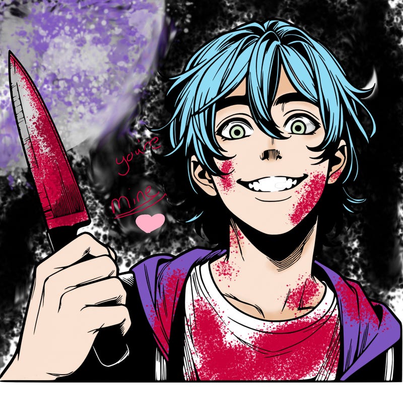 teenage realistic guy with long ish hair holding a knife and has a big grin