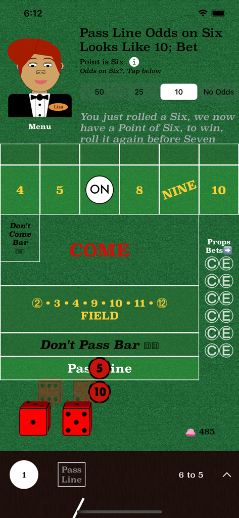 Learn Craps - Learn Craps app showing a digital table and dealer explaining the point of six