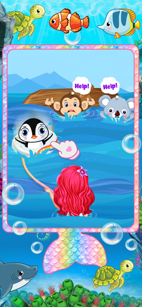 Eine kleine Meerjungfrau rettet einen Pinguin und andere Tiere in einer Unterwasser-Spielszene
