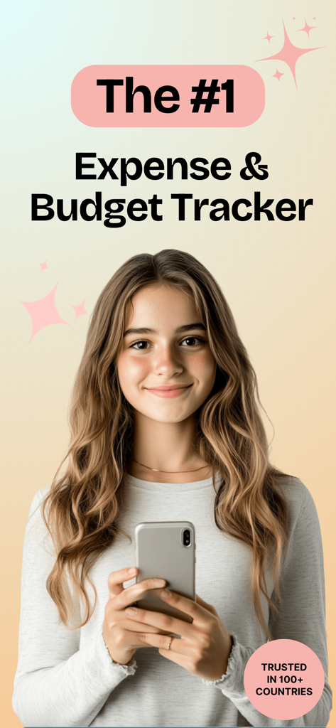 Uma jovem sorrindo segurando um smartphone com texto descrevendo o Expense Easy como o rastreador de despesas e orçamento número um.
