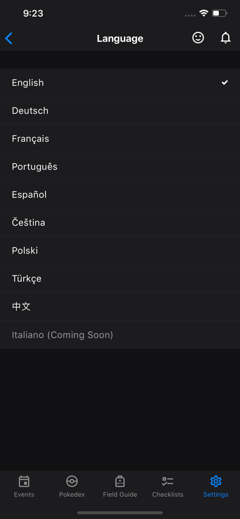 The language selection menu in the GO Field Guide app showing a list of supported languages including English and Spanish
