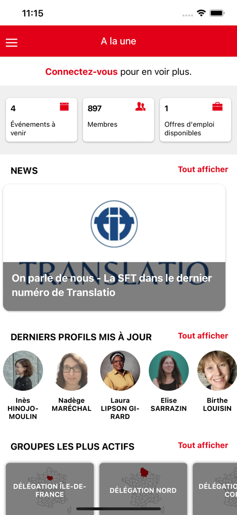 SFT - Panel de la aplicación SFT que muestra noticias de la industria de la traducción, perfiles de miembros y próximos eventos profesionales.