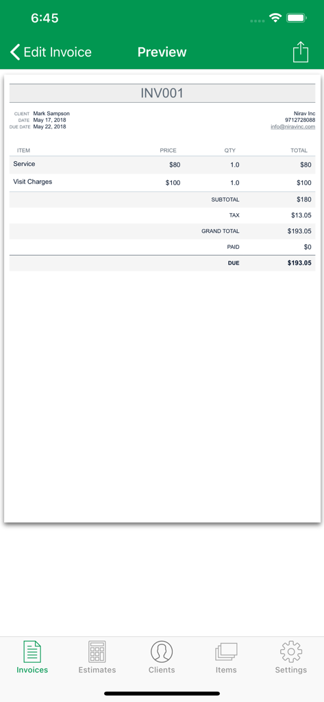 Prévia profissional de fatura em um aplicativo móvel de negócios