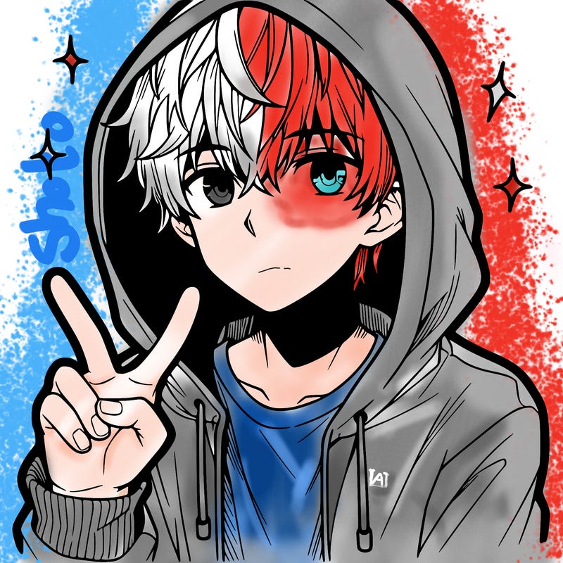 teenage manga boy in a hoodie, doing ✌