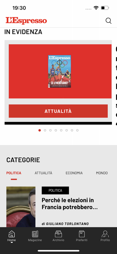 L'Espresso - Die Startseite der L'Espresso Nachrichten-App mit vorgestellten investigativen Artikeln und Kategorien wie Politik und Wirtschaft auf Italienisch.