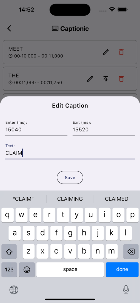 Captionic - AI Video Captions - A mobile app screen showing the manual editing interface for a video caption with fields for timestamps and text entry.