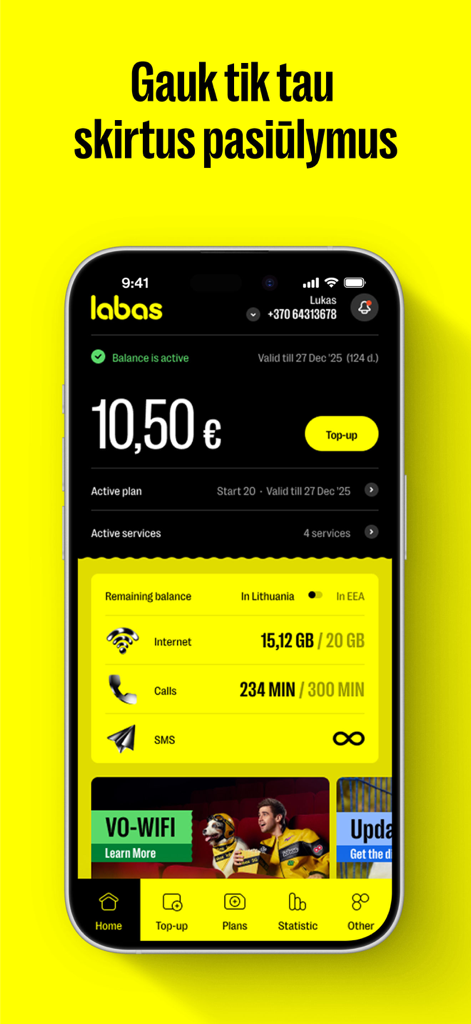 MANO LABAS - Mano Labas mobile app dashboard displaying prepaid account balance and data usage statistics