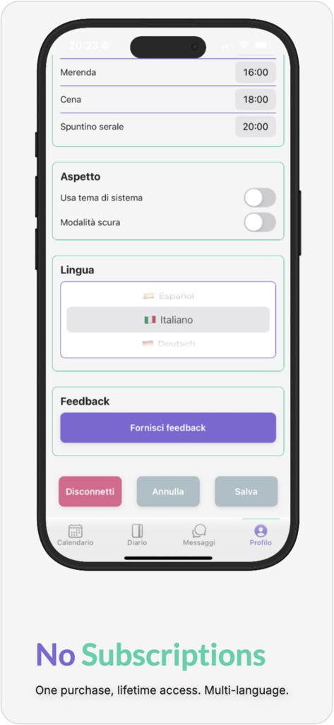 CoPals - Pantalla de perfil de la aplicación CoPals que muestra configuraciones de tema y selección de varios idiomas.
