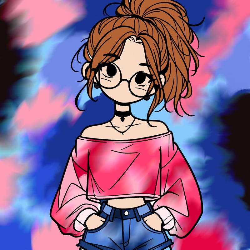girl with a messy ponytail glasses a baggy crop top and jean shorts