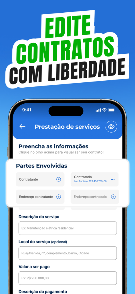 iPhone screen showing a guided form for creating a service provision contract with fields for parties involved and service description.