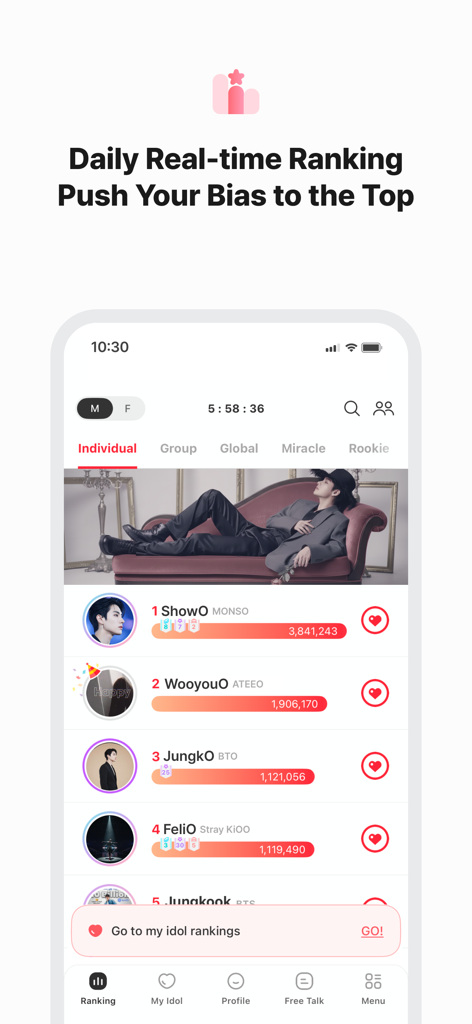 CHOEAEDOL app screen showing daily real-time Kpop idol rankings and fan voting interface