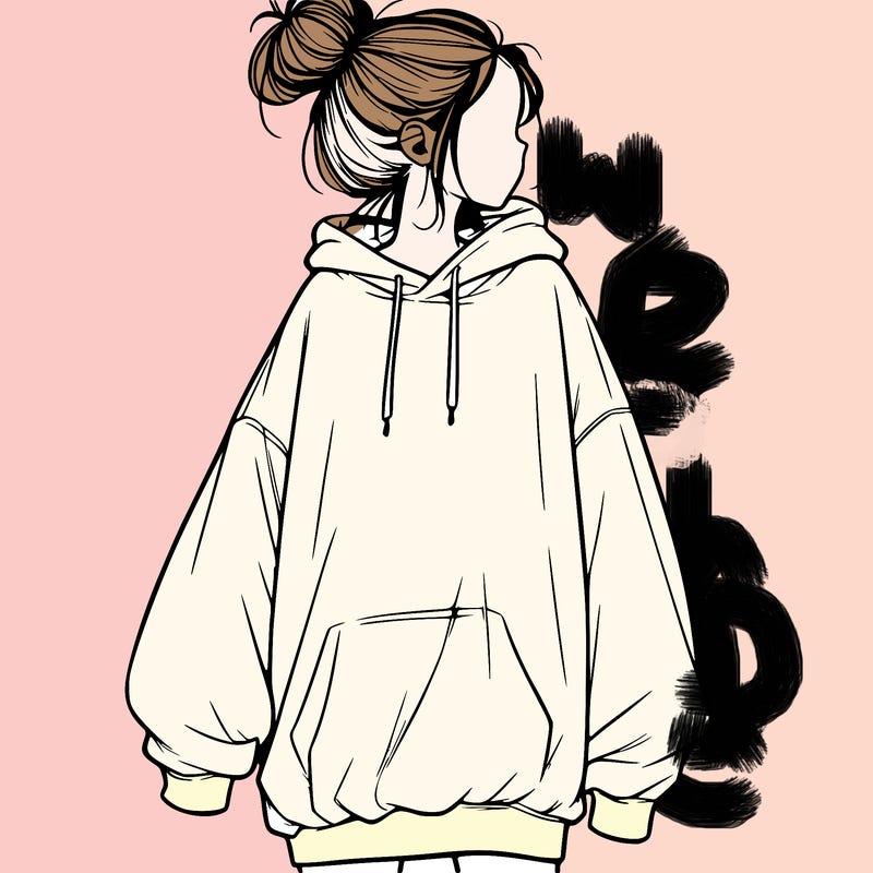 realistic girl with a oversized sweatshirt on and a bun