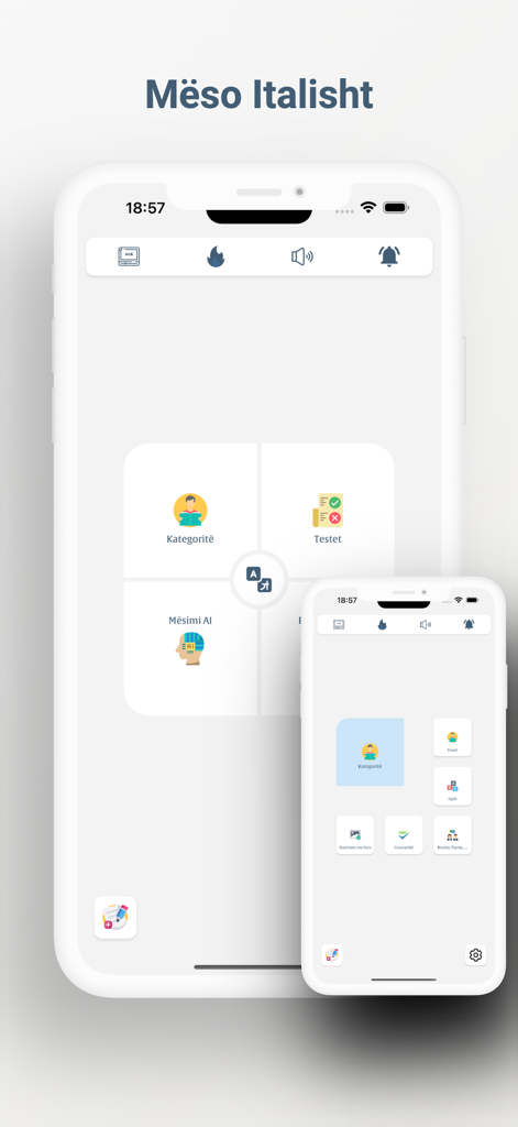 Meso Italisht app main screen showing learning categories and AI lessons