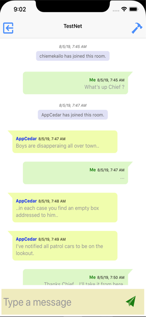 Hymn Book - A mobile chat interface within the Hymn Book app showing a conversation between users with message bubbles and a text input field.