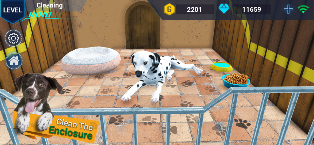 A dalmatian dog resting in a virtual pet shelter enclosure with a cleaning task prompt.