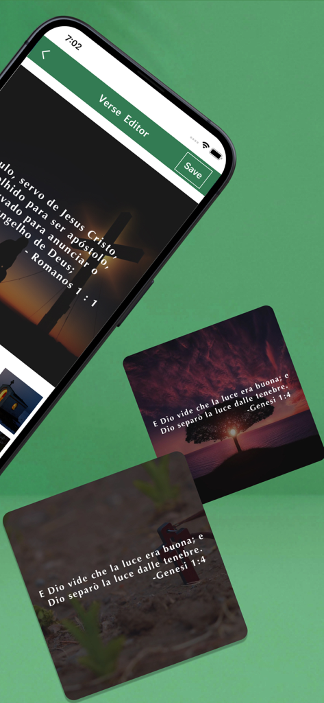 Uma interface móvel para o recurso de editor de versículos no aplicativo Bíblia para Mulher mostrando opções para criar e compartilhar imagens de escrituras