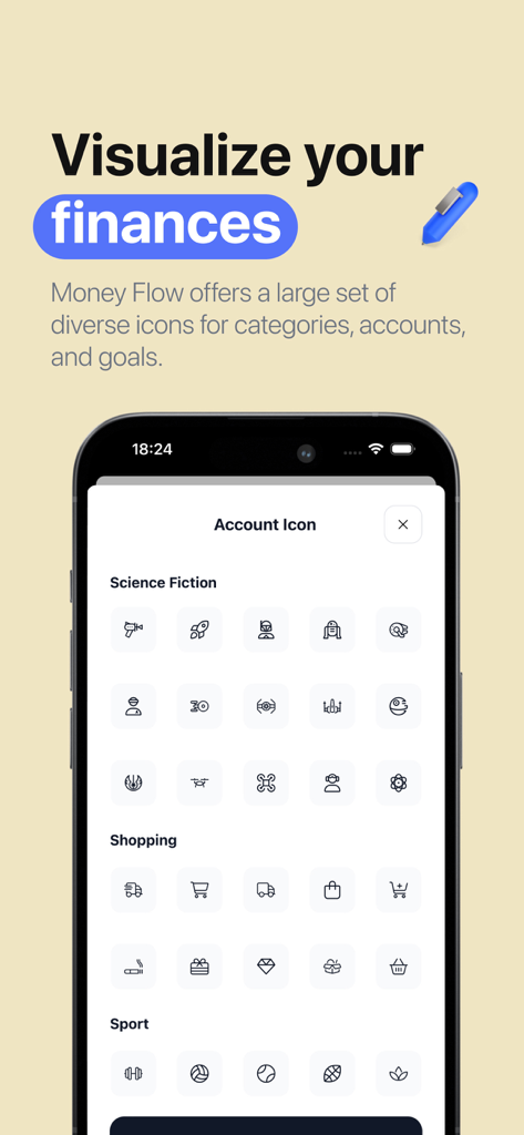 Money Flow: Easy Budget App - Um menu de ícones de conta personalizados para o aplicativo de orçamento Money Flow