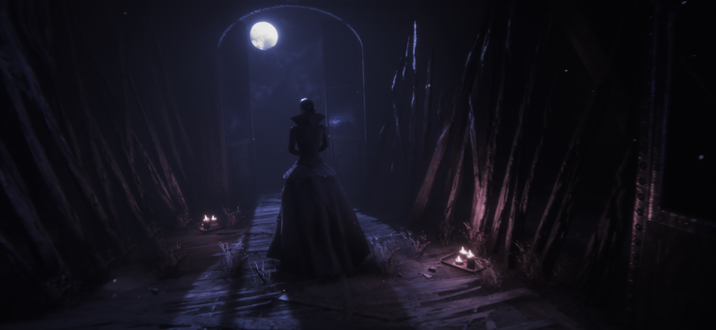 暗いゴシック様式の廊下で月明かりにシルエットになった、ビクトリア朝風のドレスを着た女性