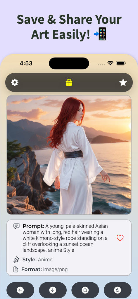 AI Anime Art Generator App - 生成されたアニメ画像とプロンプト情報を示すAIアニメアートジェネレーターアプリのインターフェース